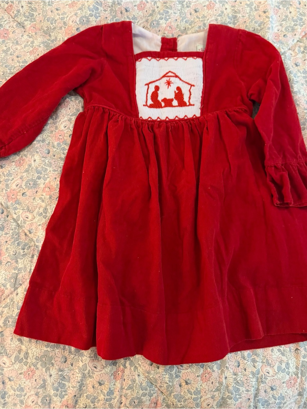 Red Velvet Holiday Dress with Nativity Smocking
